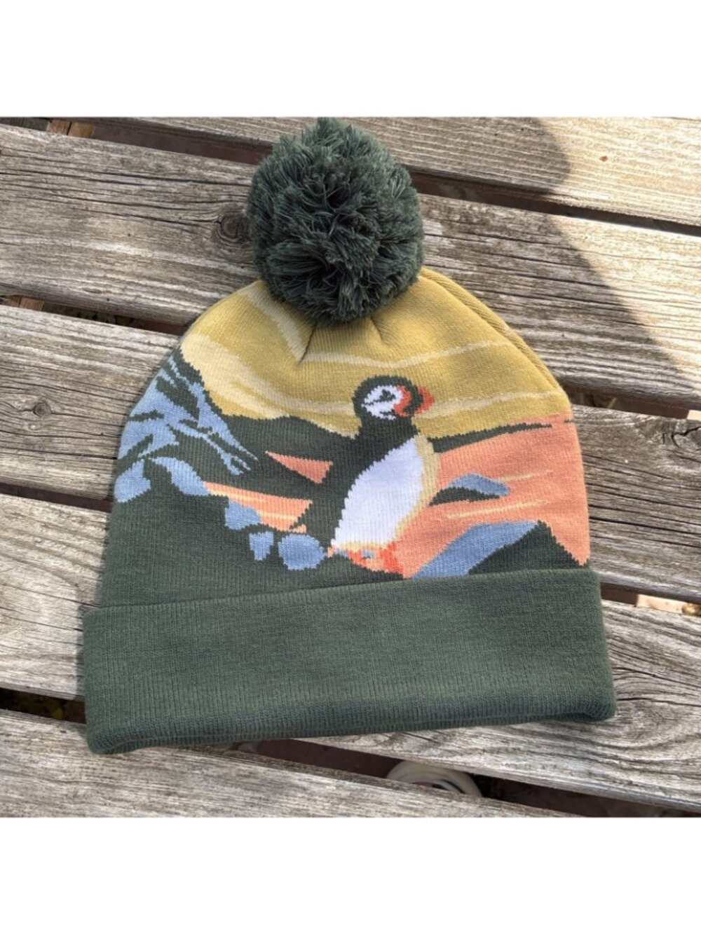 Icelandic Knit Winter Hat Puffin Bird Souvenir Pom Pom Toque Green Yellow - Picture 2 of 7